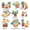 Cute hand drawn cat character in different poses with plant pot. Prepositions of place English. Studying of foreign language