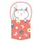 Cute hand drawn cat peeking out from a bag with butterflies and circles. Multicolor illustration in pink, teal, yellow