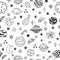 Cute hand drawn childish background. Cartoon galaxy with comets, asteroids, stars and planets. Doodle space seamless pattern. Cosm
