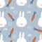 Cute hand-drawn childish seamless pattern with bunnies, carrots, rainbows and dots on a blue background. Texture with