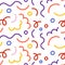 Cute hand drawn colorful line doodle squiggle seamless pattern. Creative minimalist style art background for kids or