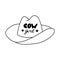 Cute hand drawn cowgirl hat doodle with outline. Sheriff hat with lettering in cowgirl and cowboy western theme. Simple