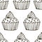 Cute hand drawn cupcake seamless pattern. Cake of black thin line contour