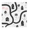 Cute hand drawn doodle illustration with houses, trees, path, road, grass, park, nature elements.