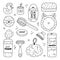 Cute hand drawn doodle set of hygiene items, bathroom and shower accessories. Products for skincare, beauty, body care