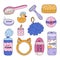 Cute hand drawn doodle set of hygiene items, bathroom and shower accessories. Products for skincare, beauty, body care