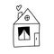 Cute hand drawn doodle simple icon of house with door, window, roof and chimney, where is the heart instead of smoke
