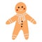 Cute hand drawn gingerbread man with the scarf and buttons. Vector isolated stylized clipart. Holiday cookie. Concept of Christmas