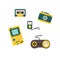 Cute hand drawn icon. collection set of game, camera, game console, cassette, music player.