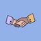 Cute hand drawn icon of handshake of two people in suits, agreement between colleges, business partners, greeting of friends.