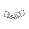 Cute hand drawn icon of handshake of two people in suits, agreement between colleges, business partners, greeting of friends.