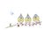 Cute hand drawn illustration of three blue tits with birthday party hat and bow tie, on branch with pink blossom, bumblebee and bu