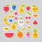 Cute hand drawn kawaii tropical smiling fruit stickers. Healthy lifestyle collection. Set of cartoon characters