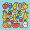 Cute hand drawn kawaii tropical smiling fruit stickers. Healthy summer lifestyle collection. Set of cartoon characters