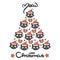 Cute hand drawn lettering meow christmas vector holiday card with cartoon cat wearing Santa`s hat tree