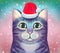 Cute hand drawn multicolor christmas art cat portrait