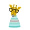 Cute hand drawn nursery poster with cartoon cool giraffe animal with glasses and knitted sweater.