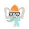 Cute hand drawn nursery poster with elephant animal with glasses and a hat. Vector illustration in candinavian style