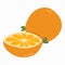 Cute hand drawn orange in trendy naive style. Set of whole and cut in half fresh citrus. Ripe oranges. Hand drawn clipart.