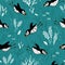 Cute hand drawn puffin seamless pattern, lovely doodle birds background, great for textiles, banners, wallpapers - vector design