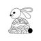 Cute hand drawn rabbit, coloring pages for adults and kids. Easter background with creative ornament. Black and white vector