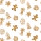 Cute Hand drawn seamless pattern with cookie. Gingerbread on white background repeating wallpaper.