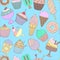 Cute hand drawn seamless pattern with different types of ice cream. Doodle texture with sweet desserts.