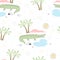 Cute hand drawn seamless pattern with funny crocodiles