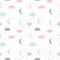 Cute hand drawn seamless pattern with smiling clouds and moon with stars. Funny weather theme. Kids background