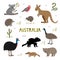 Cute hand drawn set with australian animals. Tasmania devil, kangaroo, koala and platypus. Kiwi, echidna and cassowary.