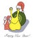 Cute hand-drawn snail on the theme of New Year and Christmas. Humorous illustration with a gift and santa hat. For printing