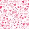 Cute hand drawn Valentine`s Day seamless pattern, romantic doodles background with hearts, arrows, diamonds and type - great for