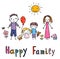Cute hand drawn vector drawing of happy family, couple with son and daughter