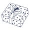 Cute hand drawn wrapped gift box with a bow. Concept of sharing, gifting, receiving gift, surprise. Present for Christmas,