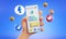 Cute Hand Holding Phone Facebook Icons Around 3D Rendering