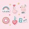 Cute hand love heart rabbit rainbow donut stuff for cards stickers or patches decoration cartoon