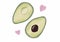 Cute handdrawn green watercolor illustration of avocado sliced in half with pink hearts.