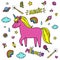 Cute handdrawn unicorn. Pink unicorn and magic stuff. Miracle and magic creature.