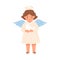Cute happy angel with halo and wings holding Peace Dove in hands. Peaceful little girl with bird. Concept of hope and