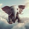 Cute happy baby elephant jumping in clouds.Grey fantasy animal, holiday greeting card, notebook cover concept