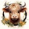 Cute and Happy Baby Highland Cow with Spring Flower Wreath AI Generated