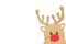 Cute and happy baby reindeer cardboard cutout with red nose peeking on a white background.