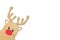 Cute and happy baby reindeer cardboard cutout with red nose peeking on a white background. Christmas is coming and hello december.