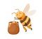 Cute happy bee with honey pot and dipper in paws. Sweet smiling honeybee with adorable face. Childish colored flat