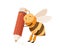 Cute happy bee with huge pencil in tiny paws, writing and drawing smth. Funny adorable honeybee. Childish colored flat