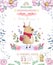 Cute happy birthday card with cartoon Deer. Watercolor fairy clip art and beauty boho pink flowers, floral. lamp light and leaf