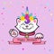 Cute Happy Birthday card with cat and Unicorn tiara.