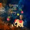 Cute Happy birthday card with cheerful elephant, crocodile and monkey