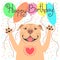 Cute happy birthday card with funny puppy Pit Bull. Loving American Staffordshire Pitbull Terrier dog and balloons