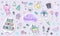 Cute happy birthday sticker collection in doodle style. Hand drawn kawaii element in pastel color.